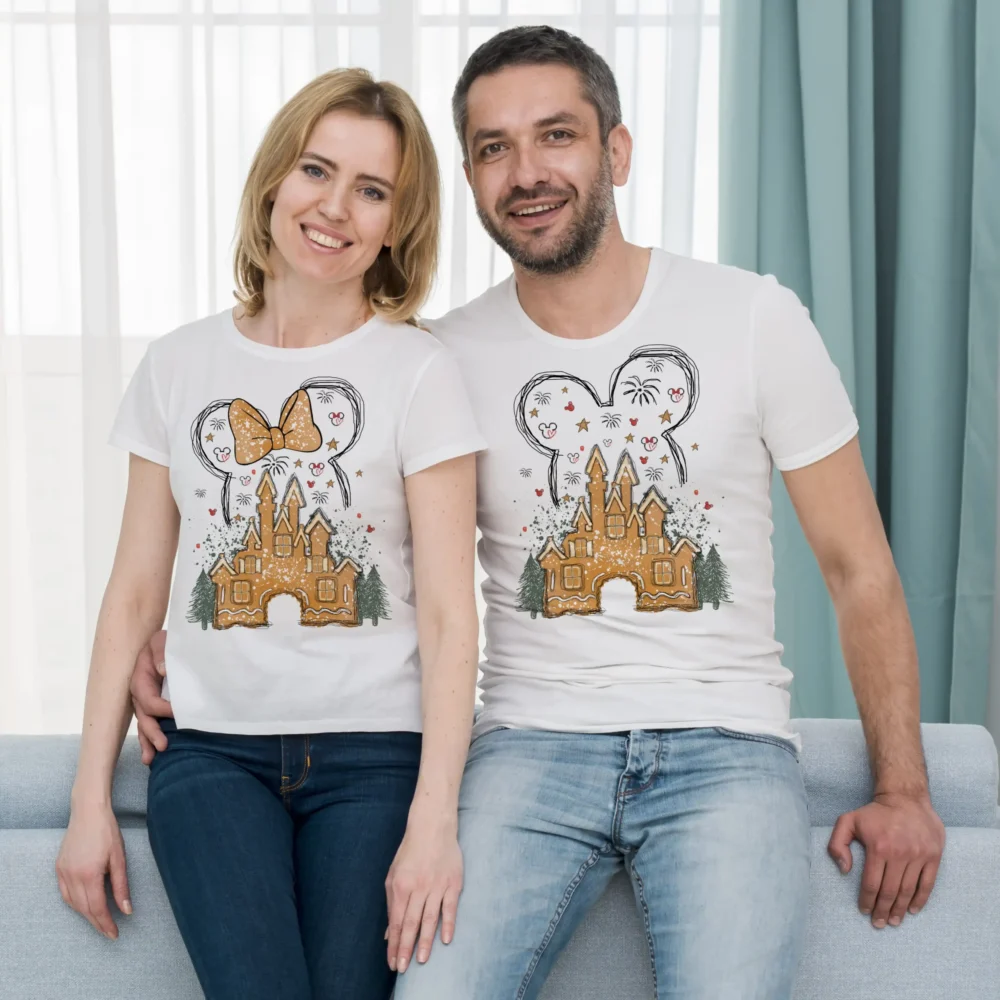 Disney Castle Mickey Mini Head Shape Couple Christmas T-shirt
